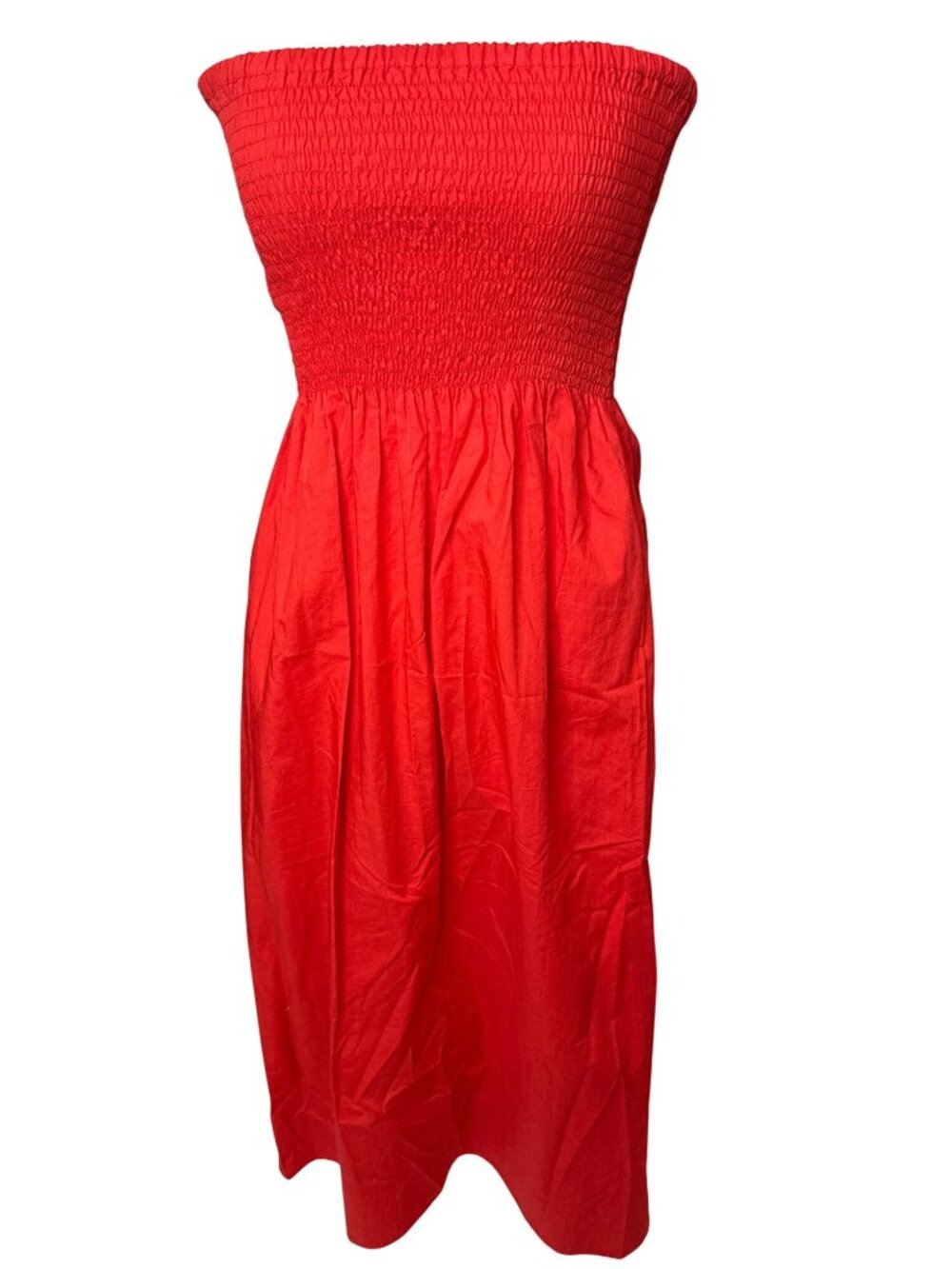 Faithfull The Brand Red Strapless Smocked Midi Dress Size 4 Lightweight Casual